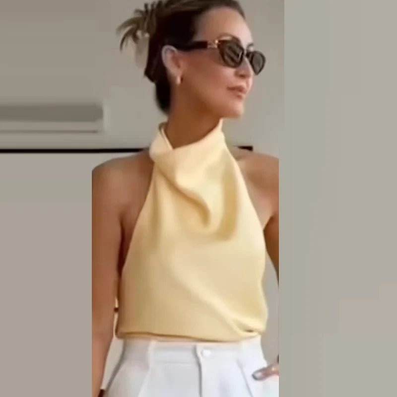 Satin Cowl Neck Halter Top with Backless Cut — Quiet Luxury Night Out - BaeSprout.com