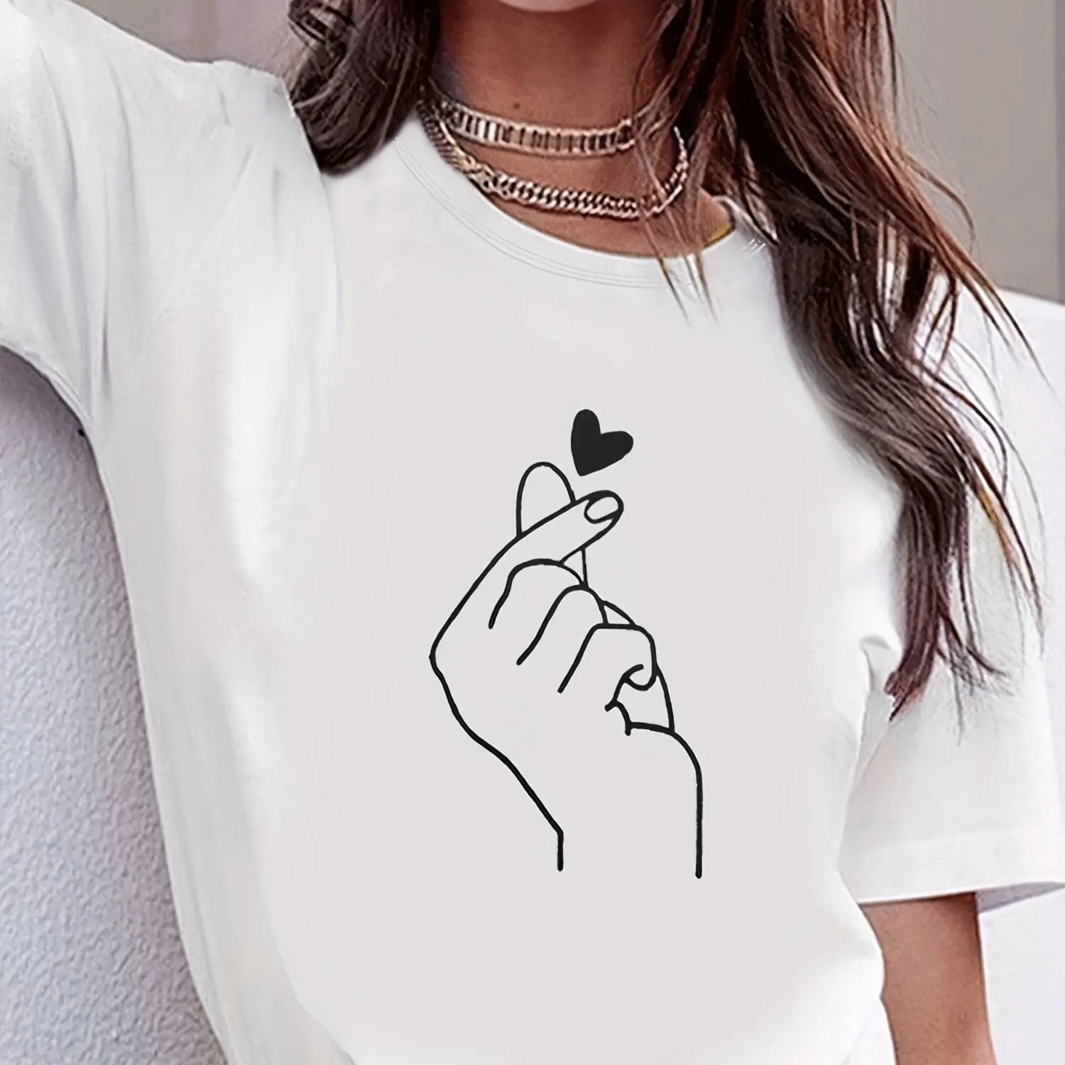 Finger Heart Graphic Tee Crew Neck Short Sleeve — K - Pop Indie Casual - BaeSprout.com