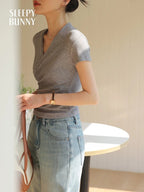 Crossover V - Neck Ruched Crop Top with Short Sleeves — Korean Casual - BaeSprout.com