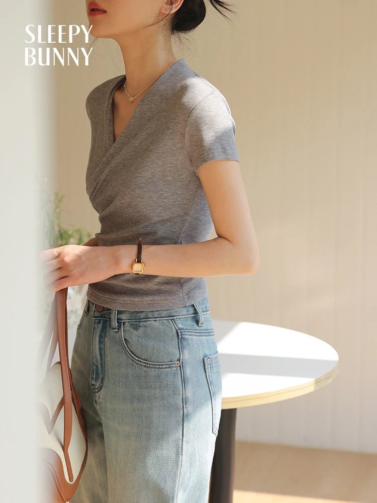 Crossover V - Neck Ruched Crop Top with Short Sleeves — Korean Casual - BaeSprout.com