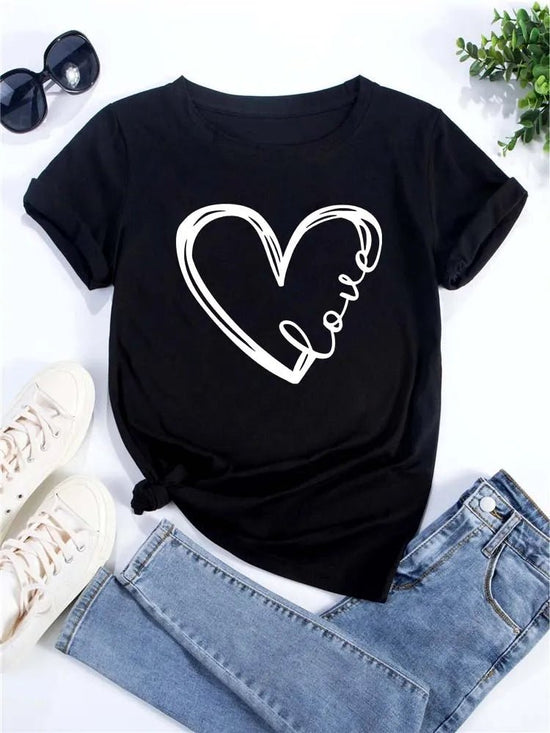 Love Heart Graphic Tee Short Sleeve Crew Neck — Indie Coquette Casual