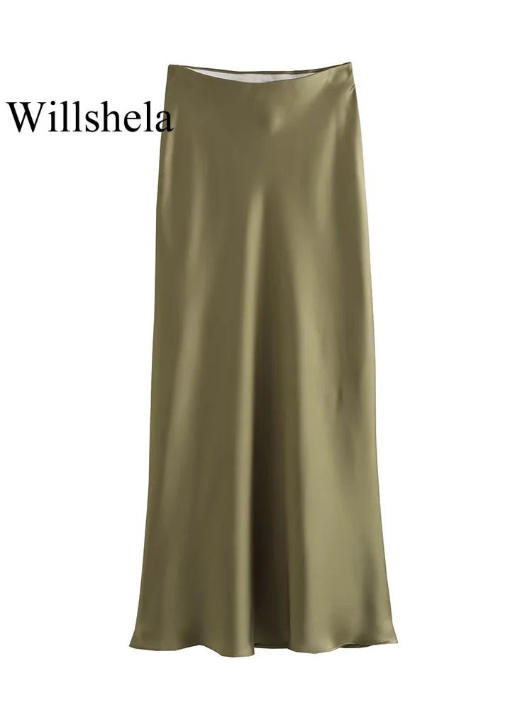 Satin Midi Skirt High Waist Flowy A - Line — Quiet Luxury Old Money Chic - BaeSprout.com
