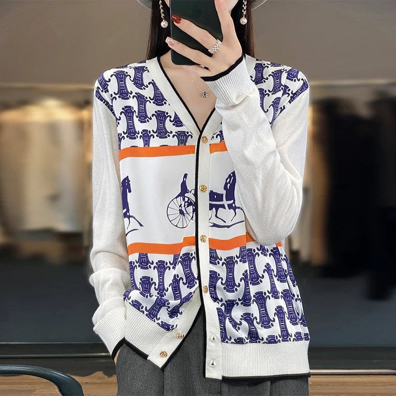 Equestrian Print Knit Cardigan V - Neck Button — Old Money Quiet Luxury - BaeSprout.com