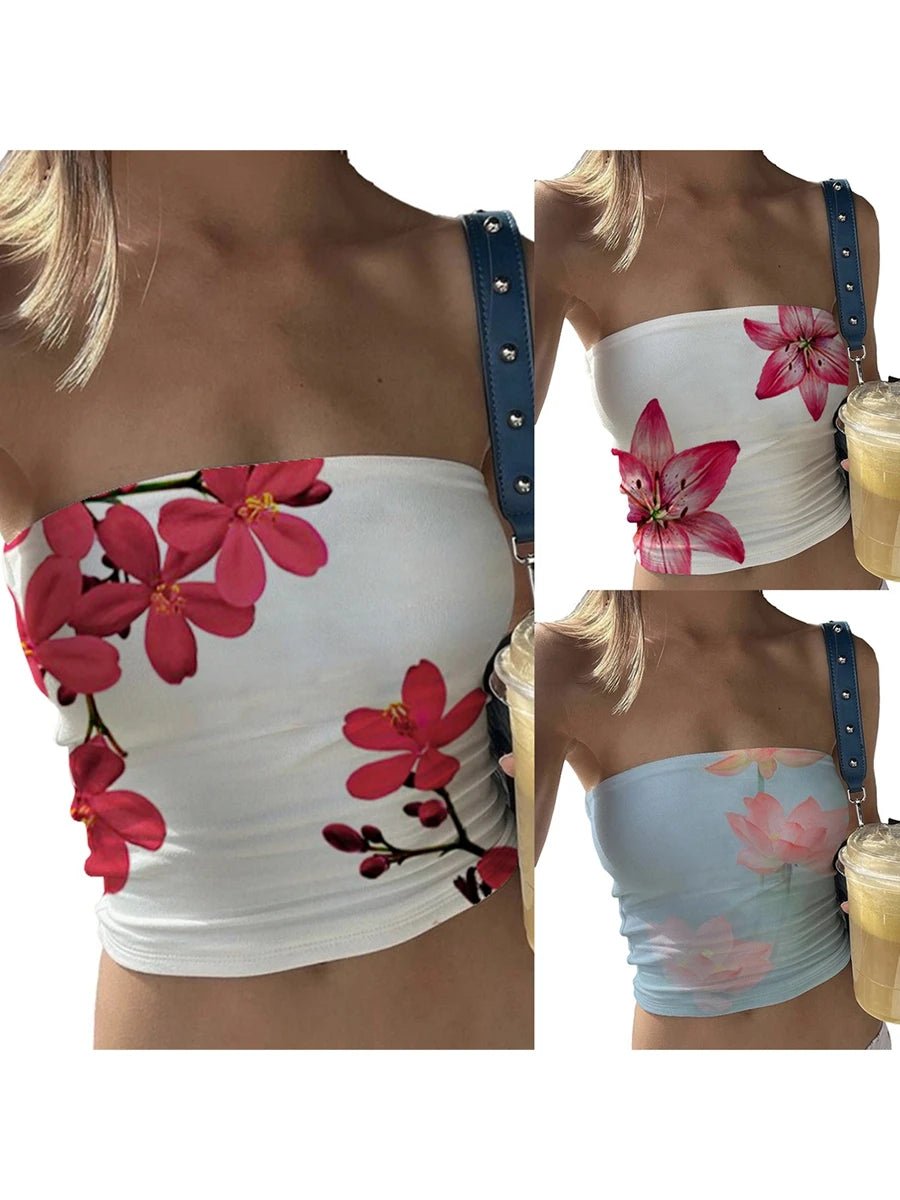 Wildflower Print Tube Top Strapless Ruched — Y2K Indie & Streetwear - BaeSprout.com