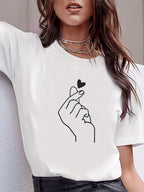 Finger Heart Graphic Tee Crew Neck Short Sleeve — K - Pop Indie Casual - BaeSprout.com