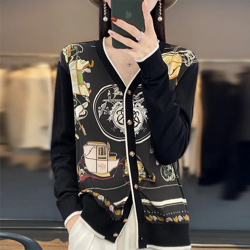 Equestrian Print Knit Cardigan V - Neck Button — Old Money Quiet Luxury - BaeSprout.com