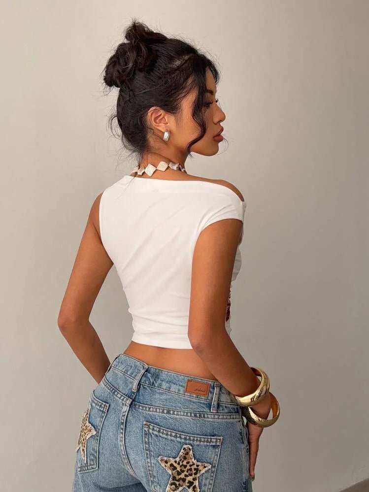 Floral Asymmetric Crop Top One Shoulder Ruched — Coquette Y2K Summer - BaeSprout.com