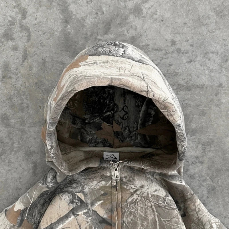 Camo Print Oversized Zip - Up Hoodie — Y2K Streetwear Everyday - BaeSprout.com