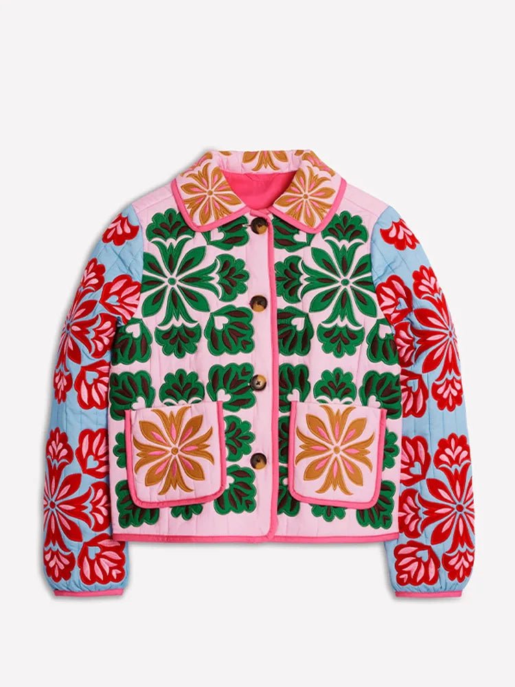 Vintage Floral Quilted Jacket Lapel Button - Up — Cottagecore Y2K Outerwear - BaeSprout.com