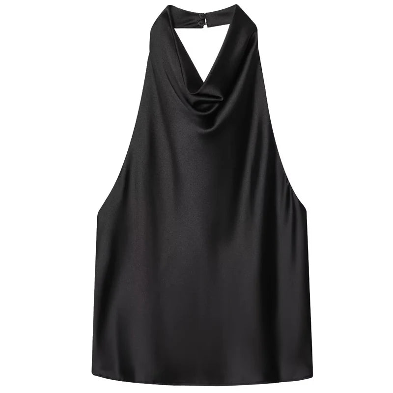 Satin Cowl Neck Halter Top with Backless Cut — Quiet Luxury Night Out - BaeSprout.com