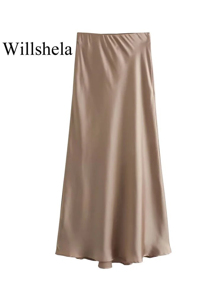 Satin Midi Skirt High Waist Flowy A - Line — Quiet Luxury Old Money Chic - BaeSprout.com