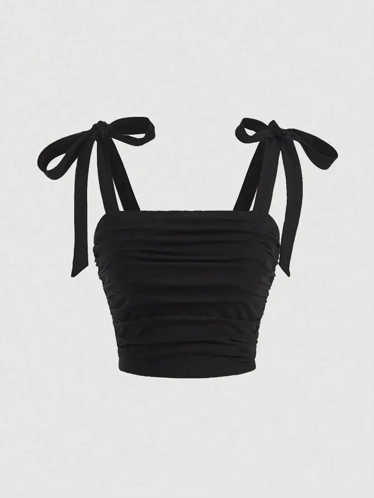 Ruched Bow Tie Shoulder Crop Top with Wide Straps — Y2K Coquette - BaeSprout.com