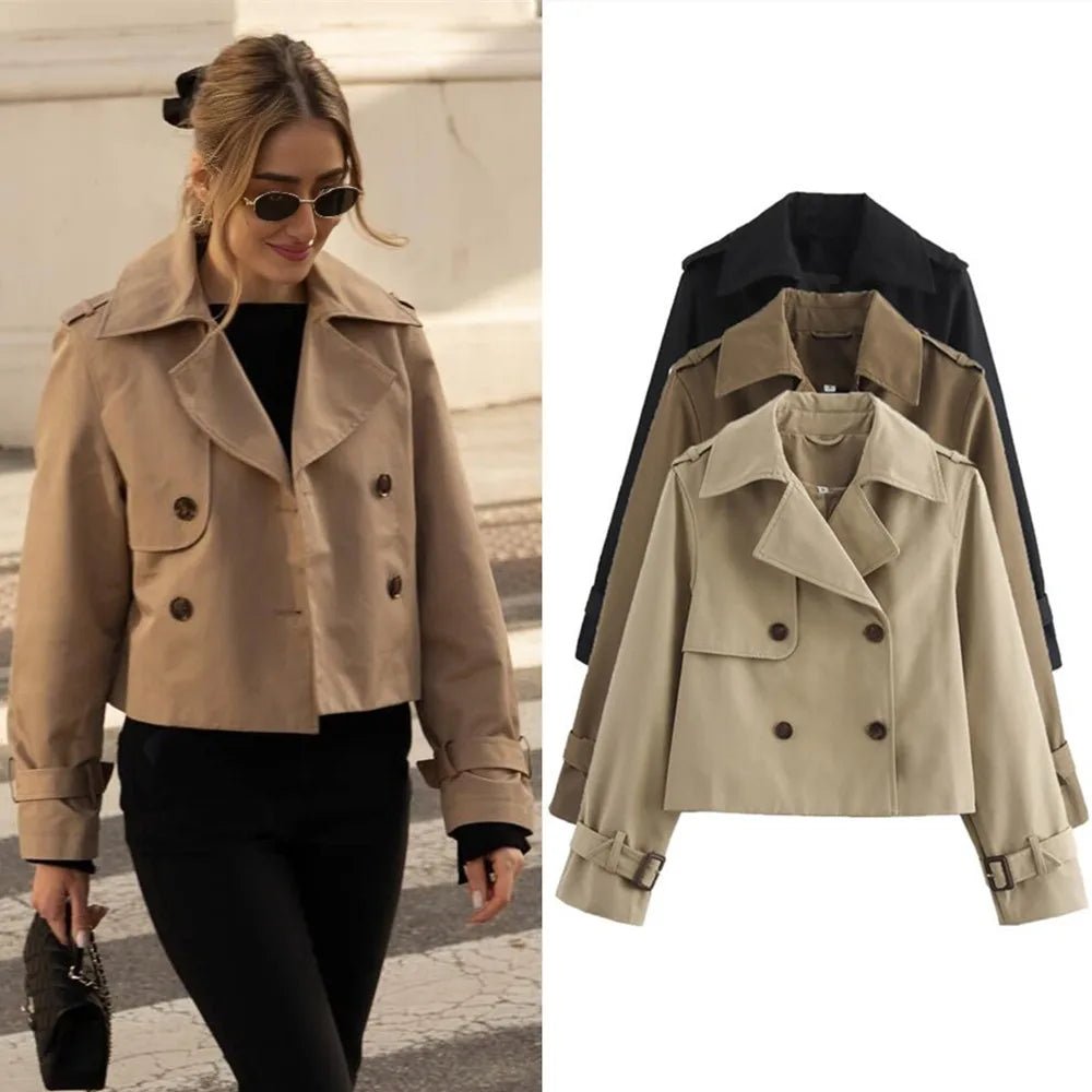 Cropped Trench Coat Double Breasted Lapel — Quiet Luxury Old Money Style - BaeSprout.com
