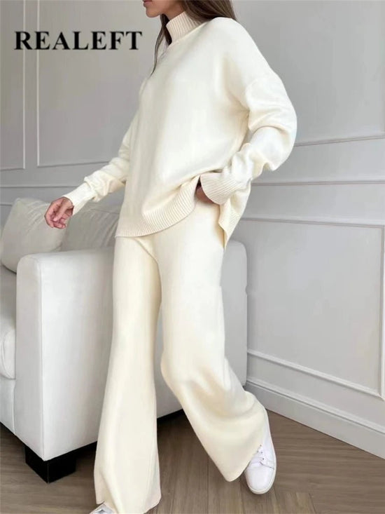 Knit Turtleneck Sweater Wide Leg Pants Set Two Piece — Quiet Luxury