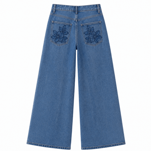 Midnight Bloom Floral Appliqué - Wide Leg Jeans - BaeSprout.com