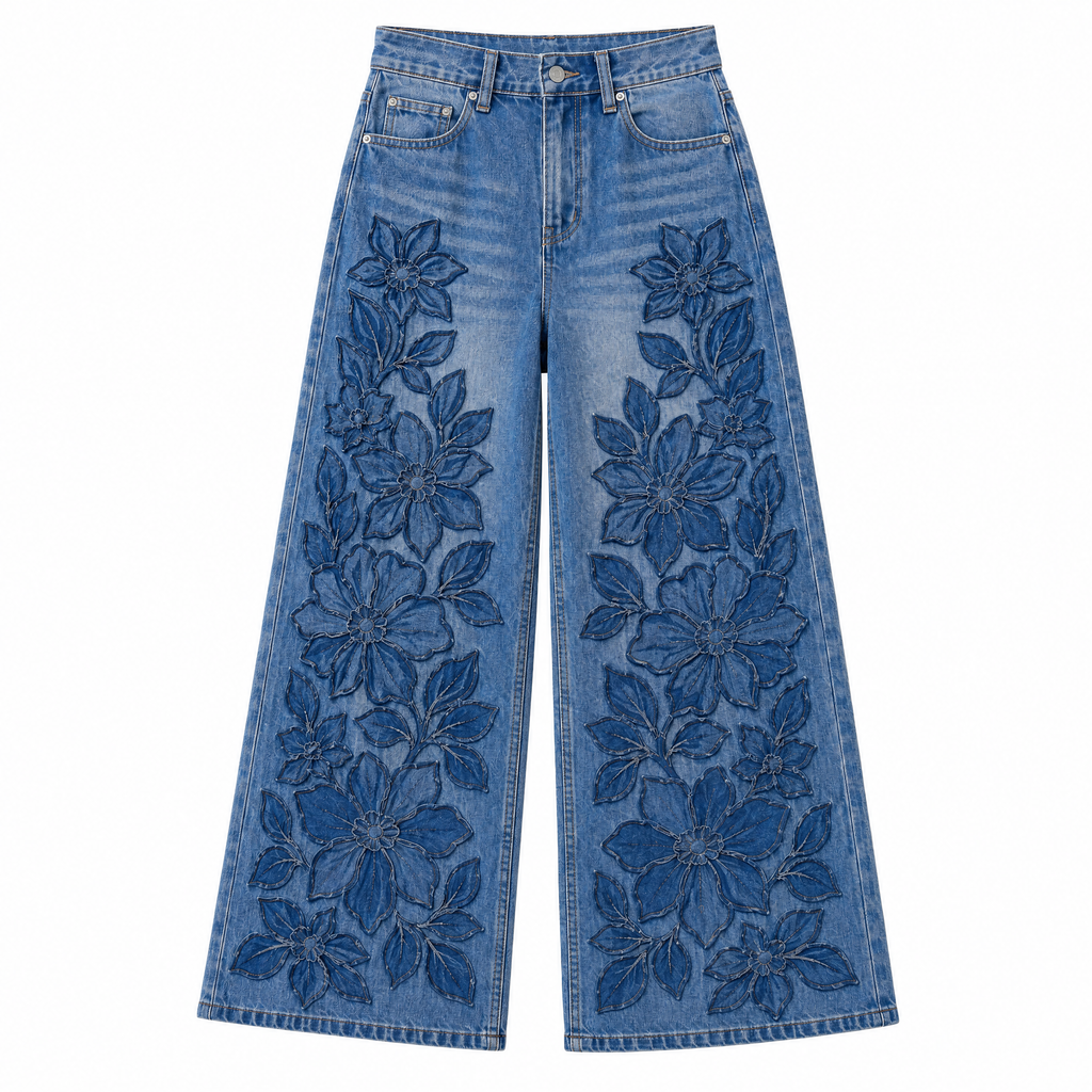 Midnight Bloom Floral Appliqué - Wide Leg Jeans