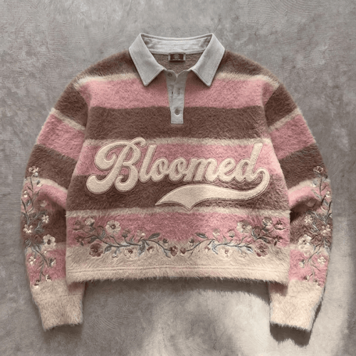 Bloomed Grace - Premium Pink Stripe Collared Sweater - BaeSprout.com